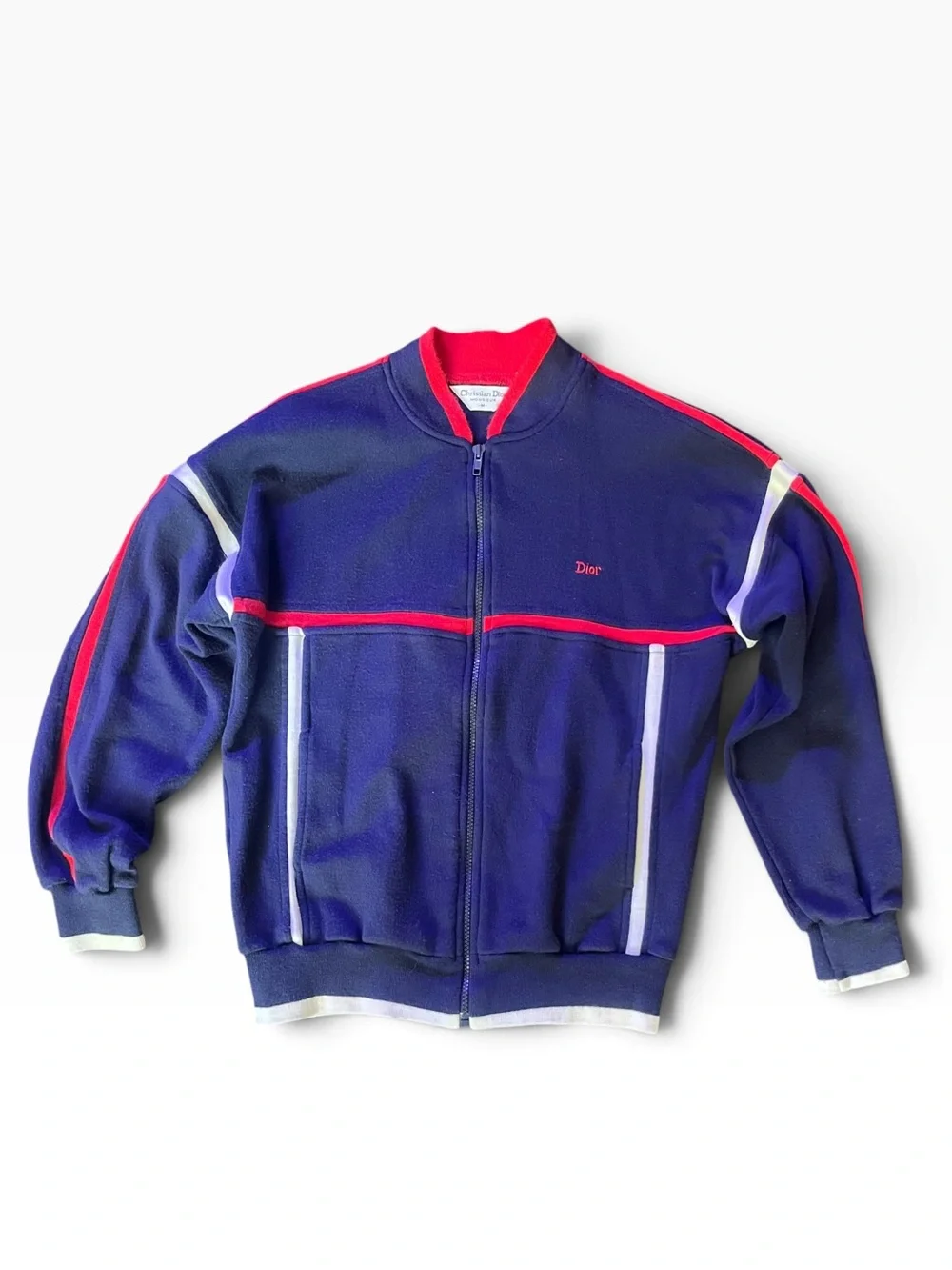 Vintage Dior Men’s Blue Zip-Up Track Jacket with Red and White Trim